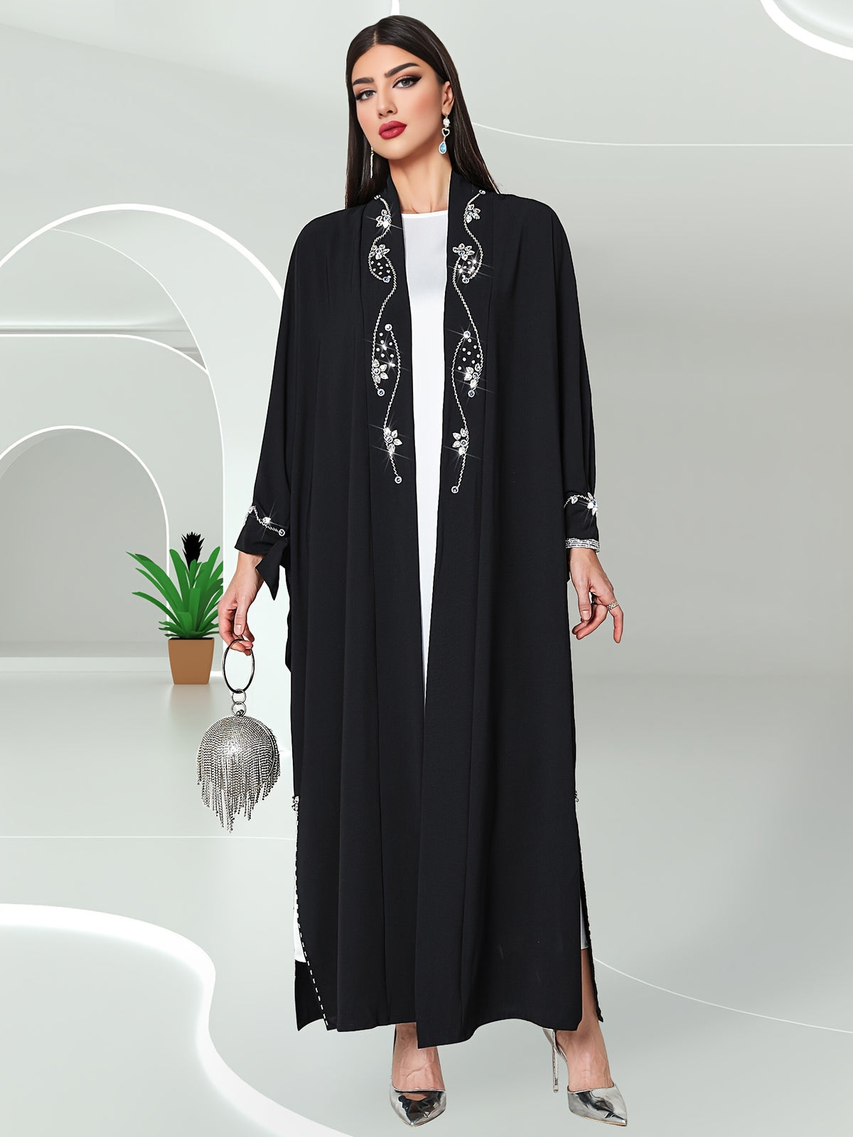 Hand-Sewn Rhinestone-Embellished Oversized Emirati Abaya - Middle Eastern-Inspired Elegance Collection, Solid Color Longline Cover-Up for Casual & Formal Wear, Hand Wash Only, Formal Coverup