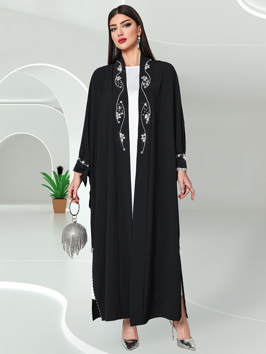 Hand-Sewn Rhinestone-Embellished Oversized Emirati Abaya - Middle Eastern-Inspired Elegance Collection, Solid Color Longline Cover-Up for Casual & Formal Wear, Hand Wash Only, Formal Coverup