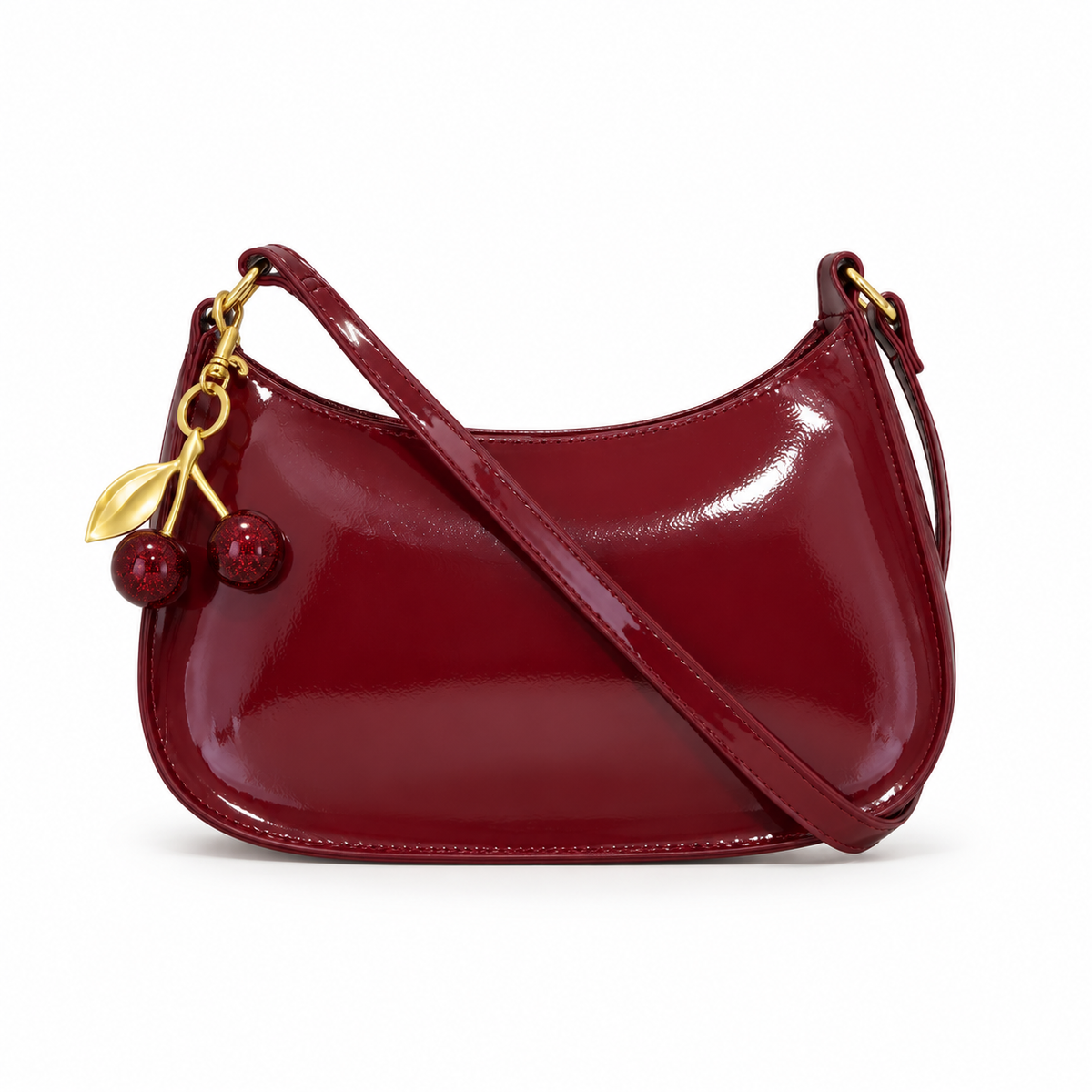 Glossy Burgundy Cherry Charm Shoulder Bag