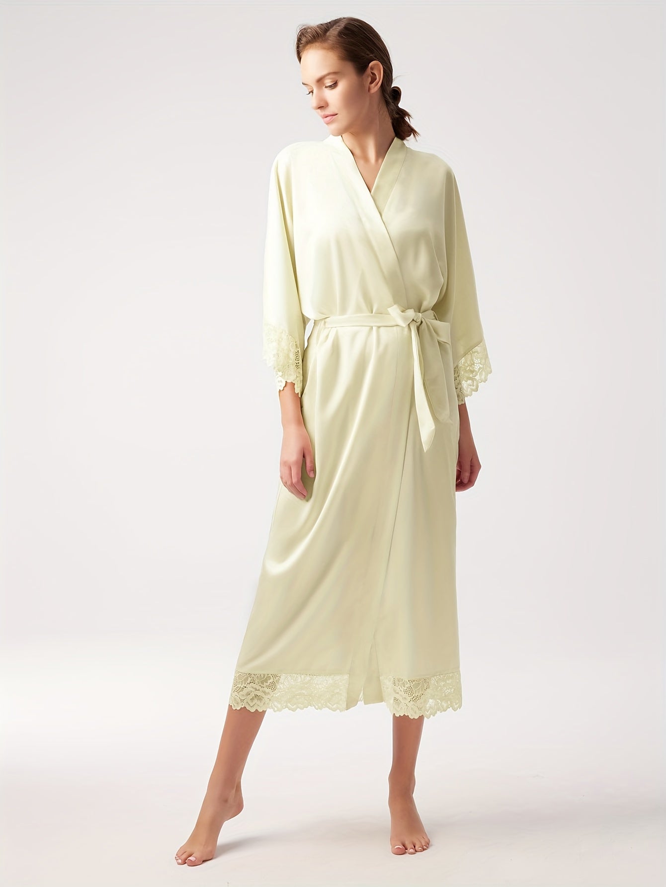 Satin Kimono Robe Long Bridesmaid Wedding Bath Robe With Lace Trim