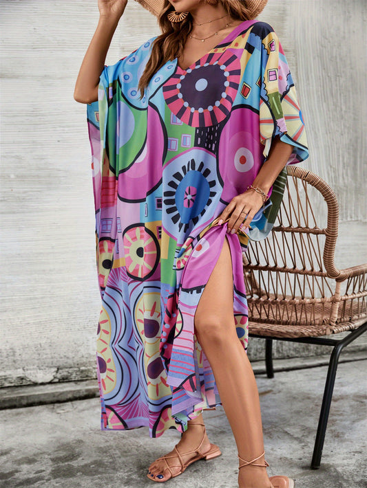 Plus Size Boho Chic Tropical Print Beach Kaftan - V-Neck, Batwing Sleeve Cover Up with Side Slit - Vibrant Geometric & Floral Design in Blue, Green, Pink & Purple - Perfect for Summer Vacations & Resort Wear, Bohemian Clothing