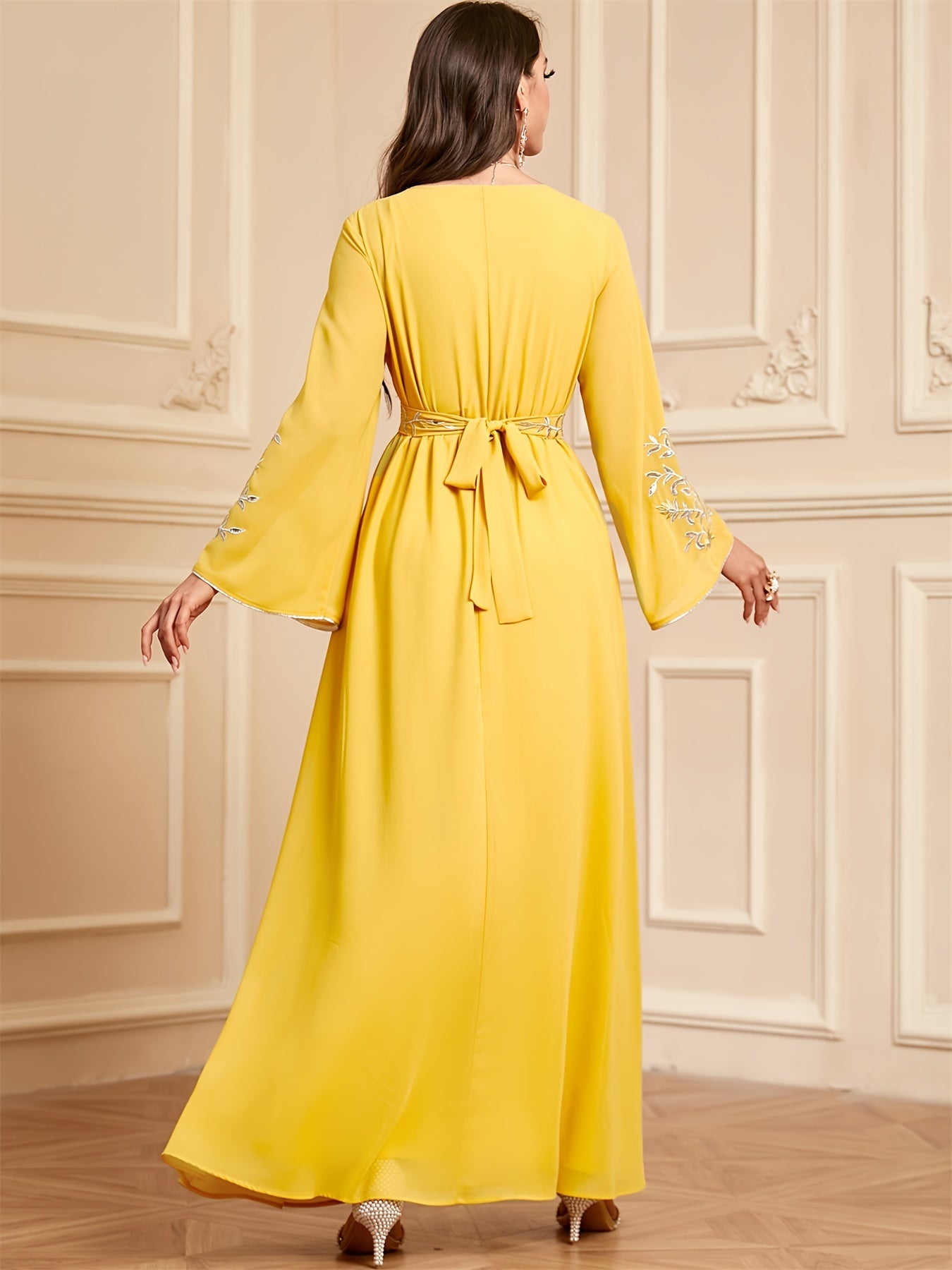 Elegant Embroidered Abaya Dress - Loose Fit, Machine Washable Polyester Modest Kebaya for Women with Belt