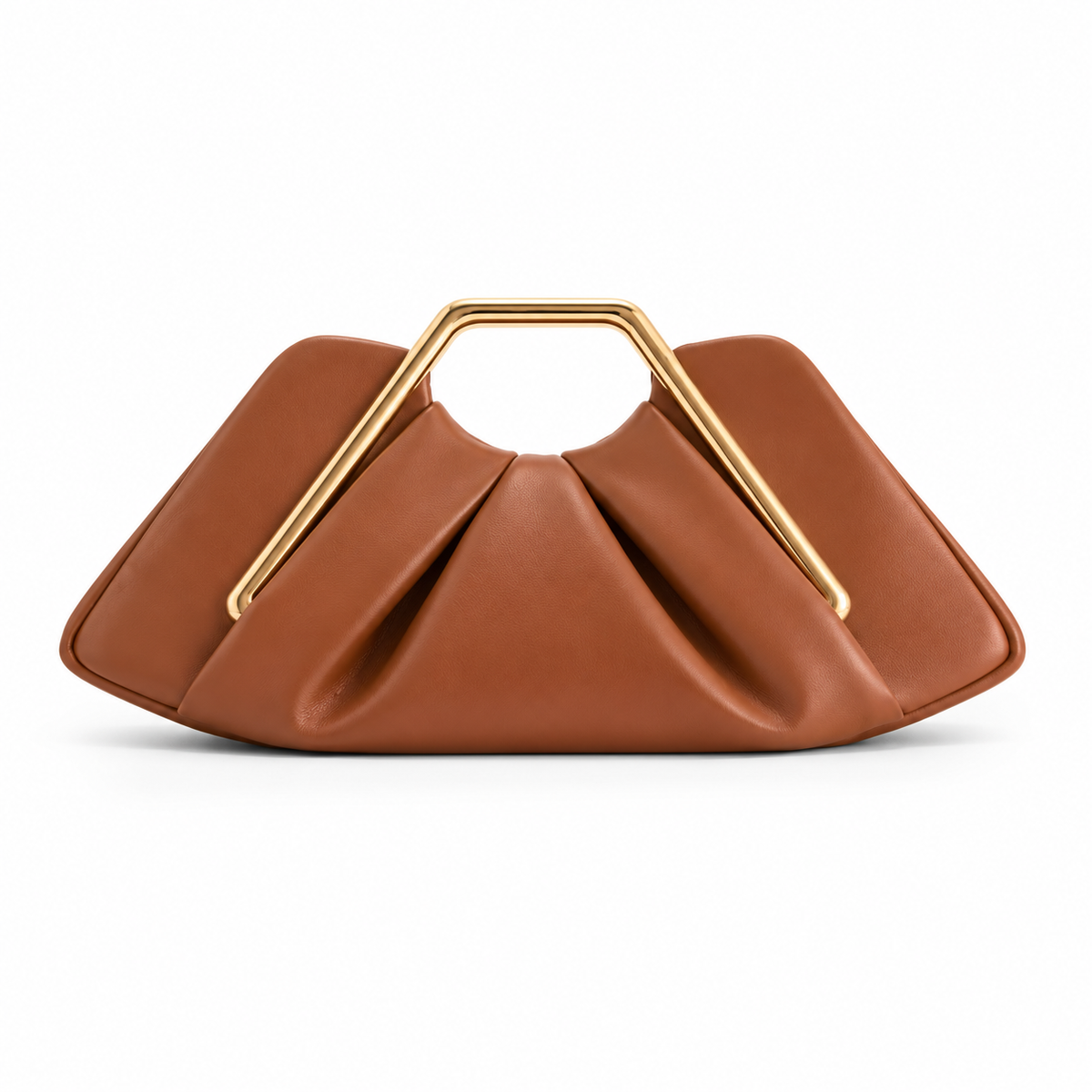 Caramel Sculptural Clutch With Golden Handle