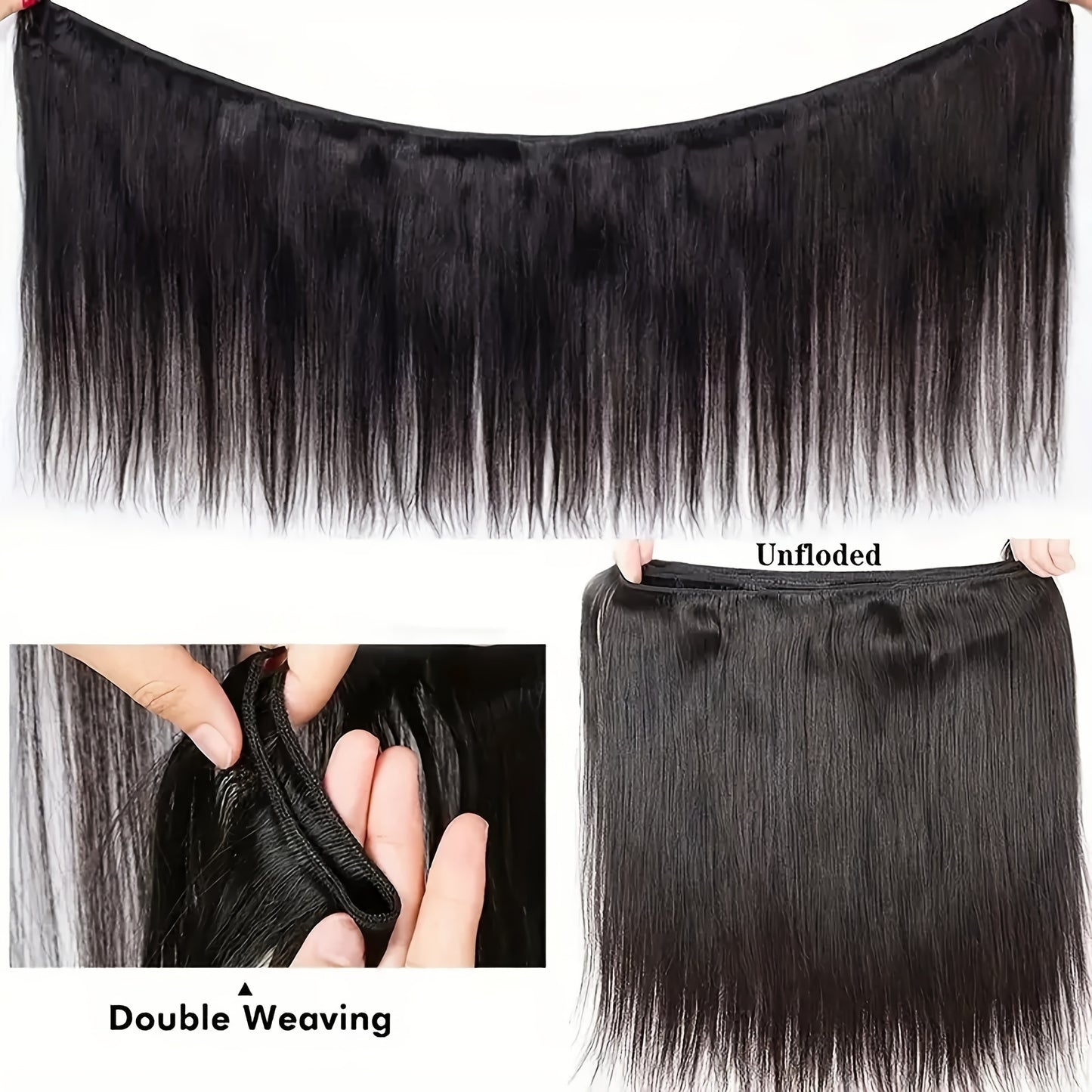 Three Bundles of Brazilian Straight Hair Made from 100% Unprocessed Human Hair, Featuring Double Wefts. These Virgin Straight Hair Extensions Are Designed for Women