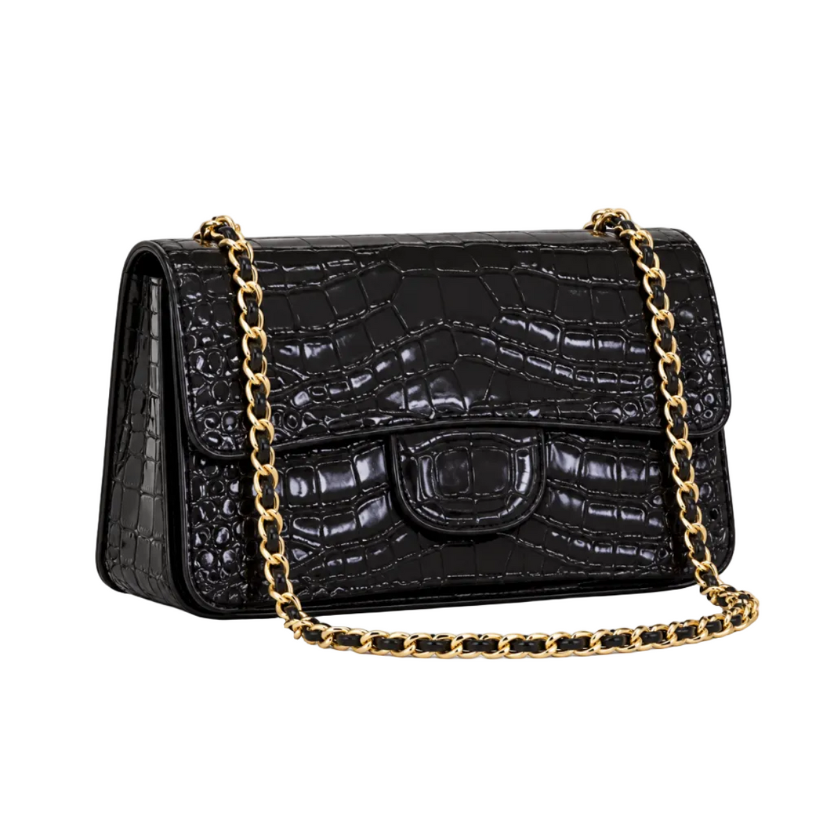 Black Crocodile Embossed Chain Crossbody Bag