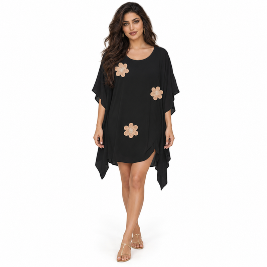 Black Floral Appliqué Flowing Beach Kaftan