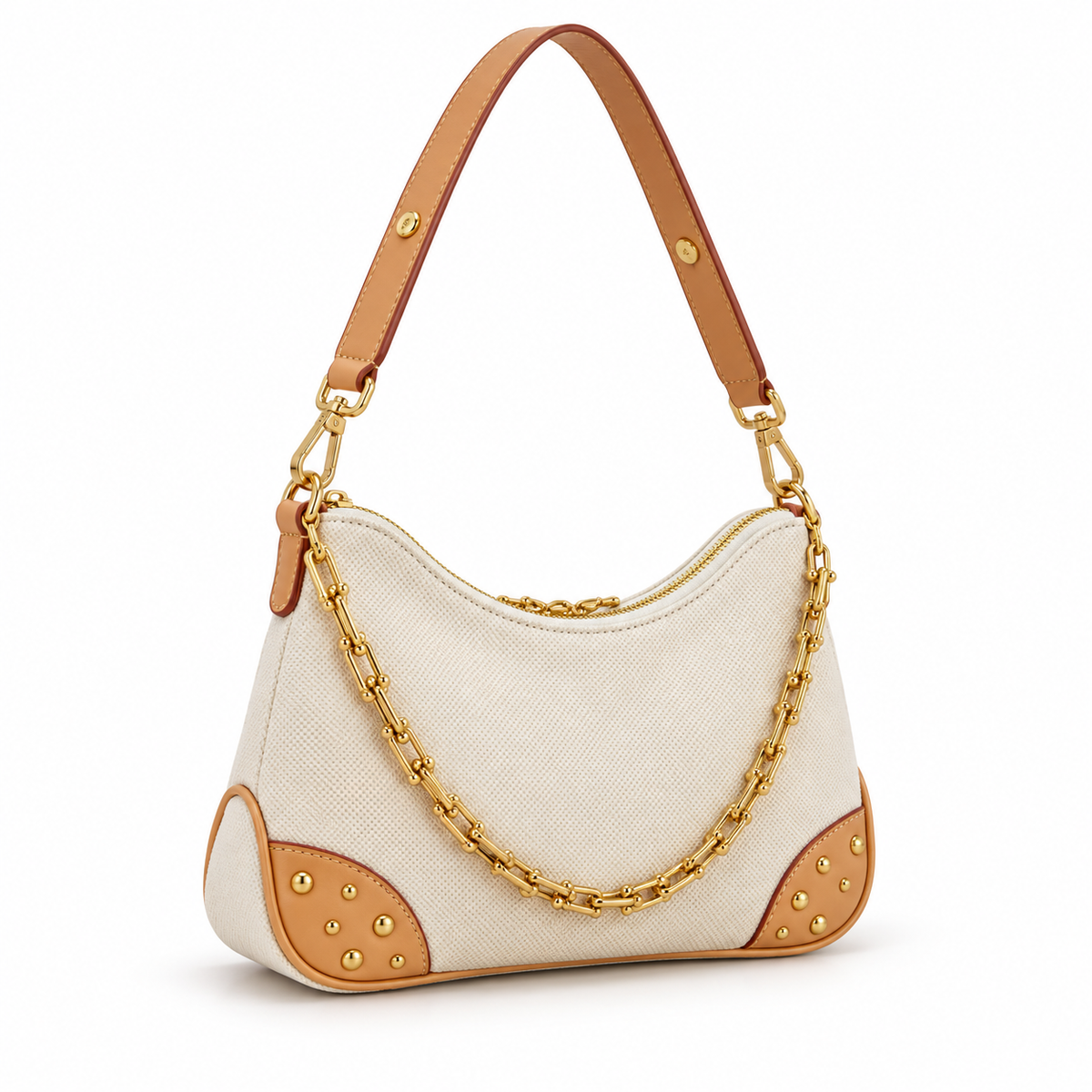Cream Textured Shoulder Bag With Chain
