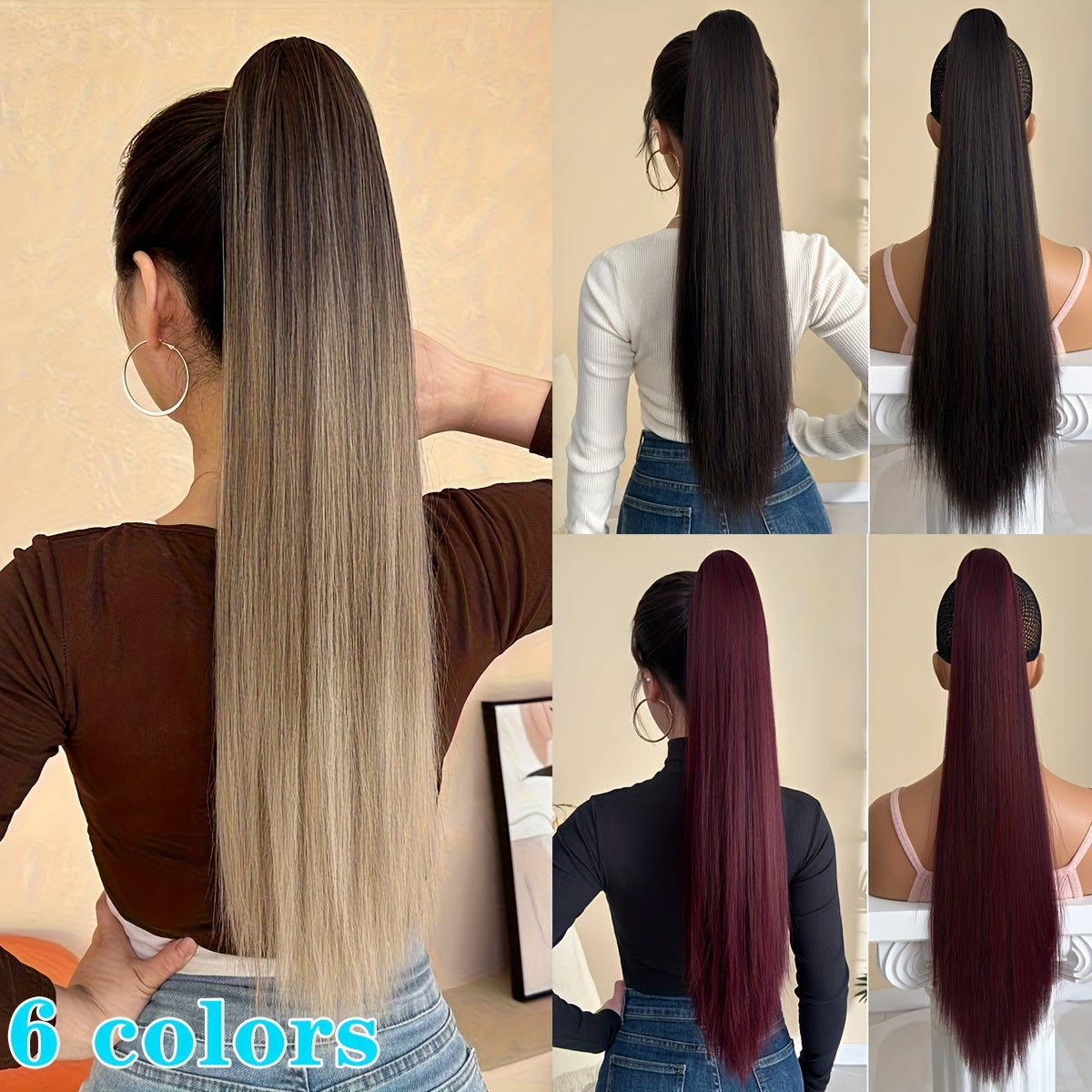 [YUSULAXI Ombre Hair Extension] YUSULAXI 26" Long Straight Heat-Resistant Synthetic Hair Ombre Black to Brown Claw Clip Ponytail Extension - Voluminous Texture for Women's Daily Use