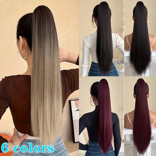 [YUSULAXI Ombre Hair Extension] YUSULAXI 26" Long Straight Heat-Resistant Synthetic Hair Ombre Black to Brown Claw Clip Ponytail Extension - Voluminous Texture for Women's Daily Use