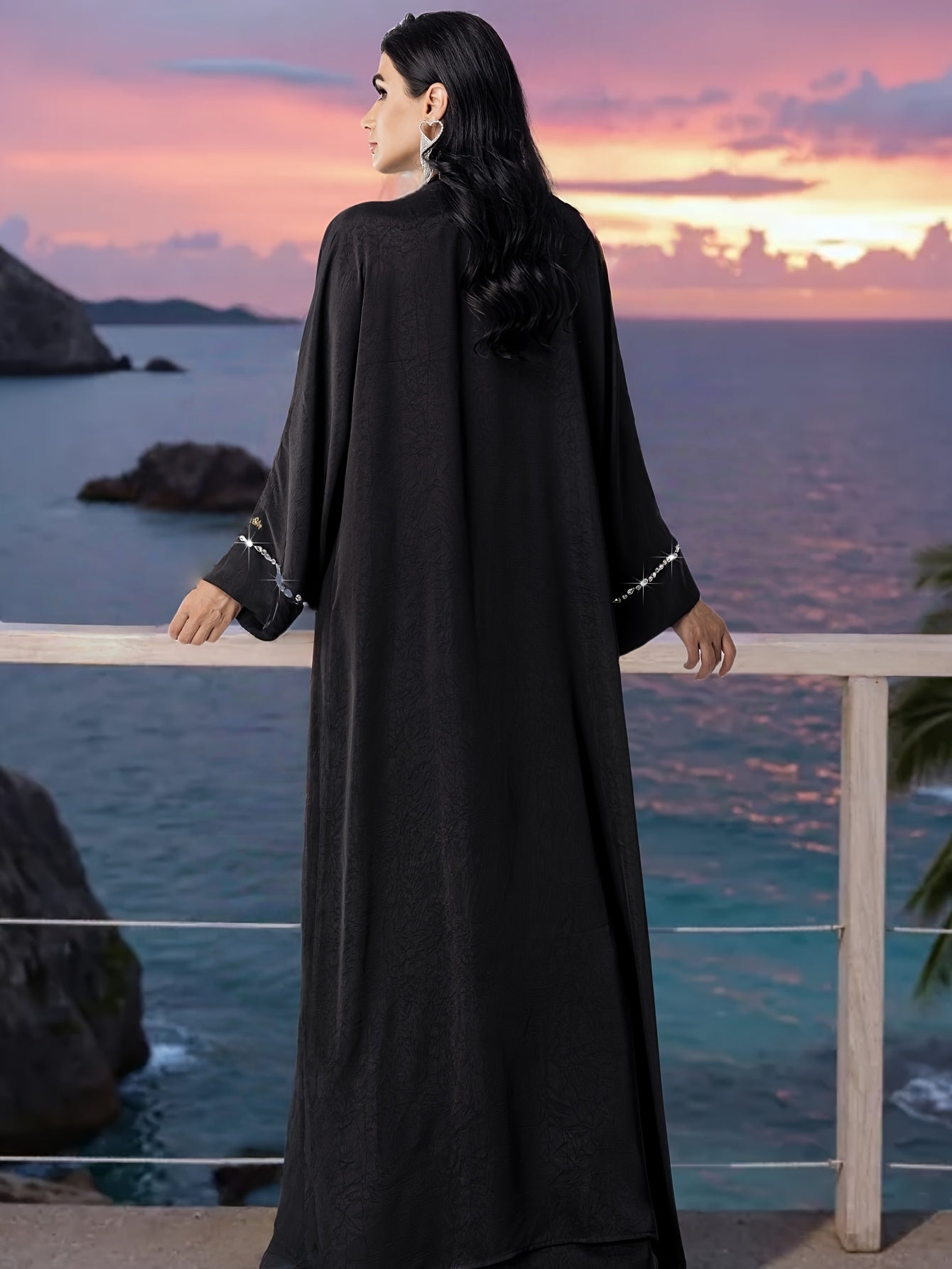 Arabian Style Black Abaya Two-Piece Set! with Rhinestone Embellishments, Luxurious and Elegant