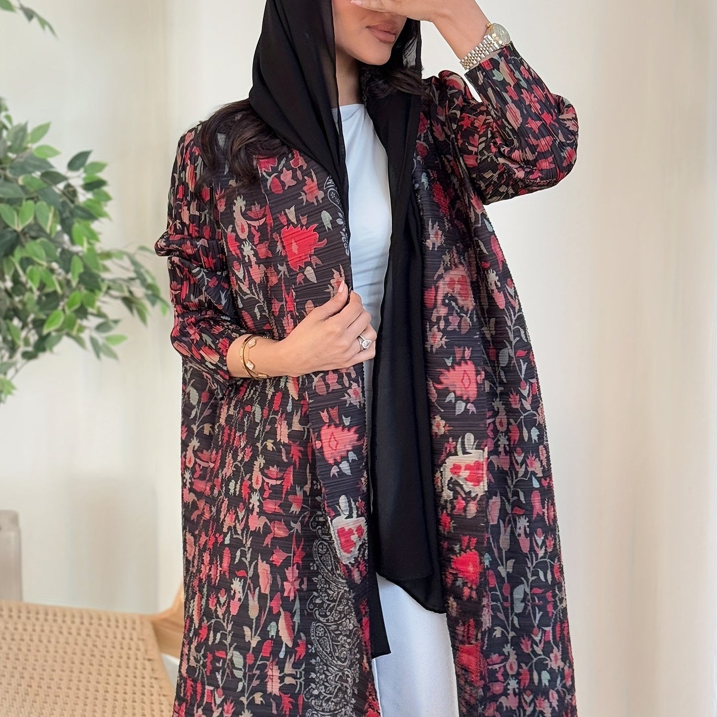 2025 Ramadan New Printed Abaya Long Robe for Women, Featuring Three-Dimensional Pleats, Long Sleeves, And a Minimalist Design. Recommended by Middle Eastern Bloggers for Vacation