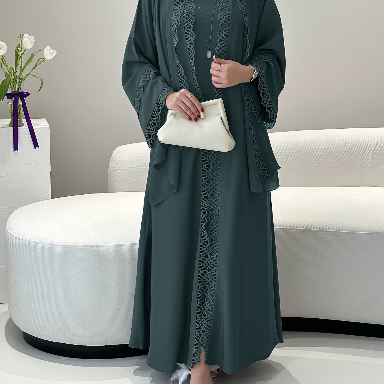 2pcs Muslim Kaftan Abaya Set with Lace Trim | Plus Sleeveless Vest Skirt, Headscarf, for Ramada
