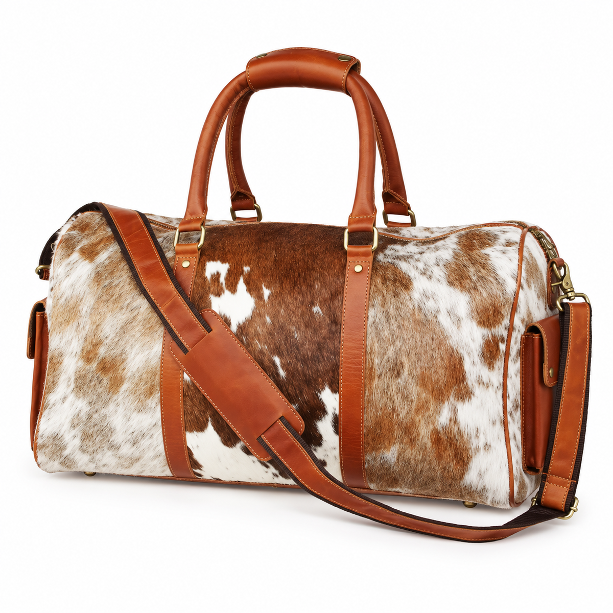 Brown White Cowhide Style Overnight Bag