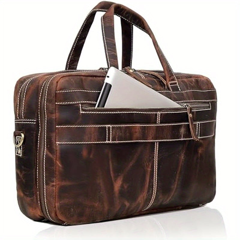 18 Inch Handcrafted Full Grain Italian Leather Briefcase for Men - Premium Brown Camo Laptop Leather Bag with 15.6" Compartment, Adjustable Shoulder Strap & Travel Luggage Attachment