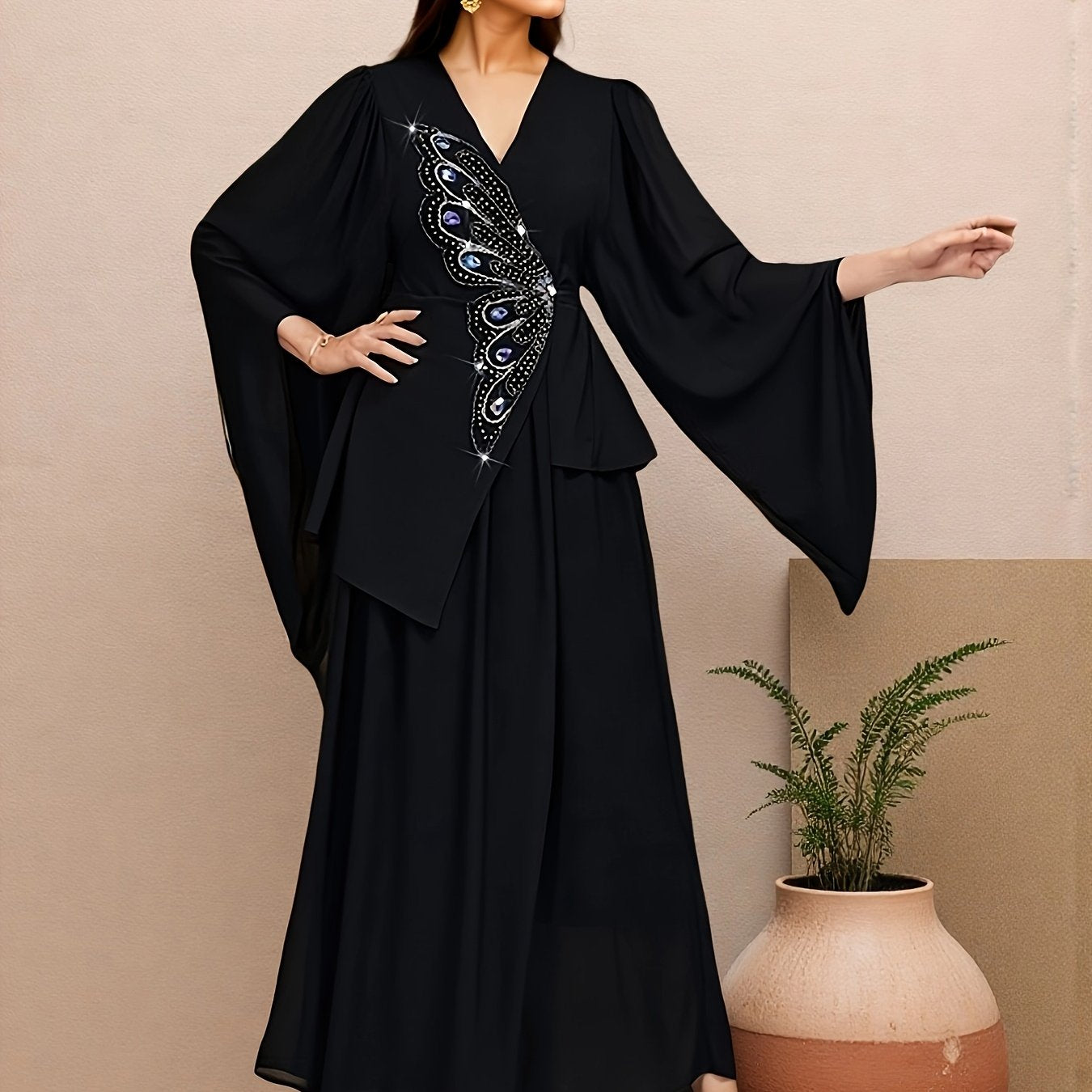 Women's Elegant Turkish Party Abaya - Formal Gala & Wedding Attire - Non-Stretch Black Gown - Hand Washable Special Occasion Outfit - Dresses for Wedding Guest Elegant