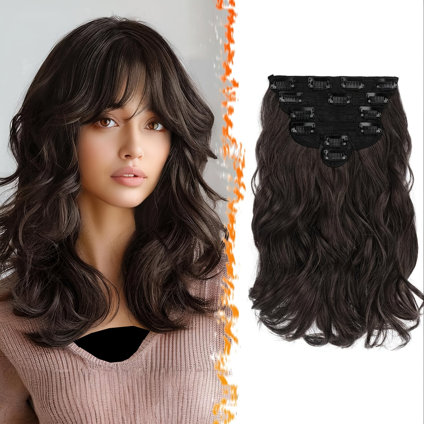 FESHFEN 6pcs Clip-In Hair Extensions, 12 Inch/30cm, Short Wavy Clip-In Extensions, Suitable for Women Halloween/Cosplay/Daily Wearing, Full Head, Thick Synthetic Clip Hair Extension - Brown
