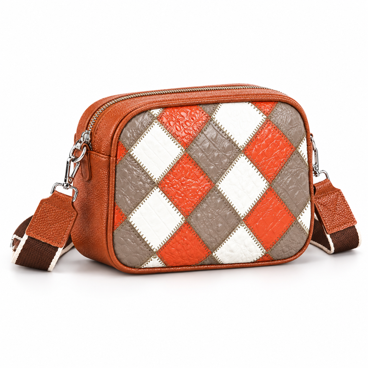 Orange Diamond Patchwork Textured Crossbody Bag