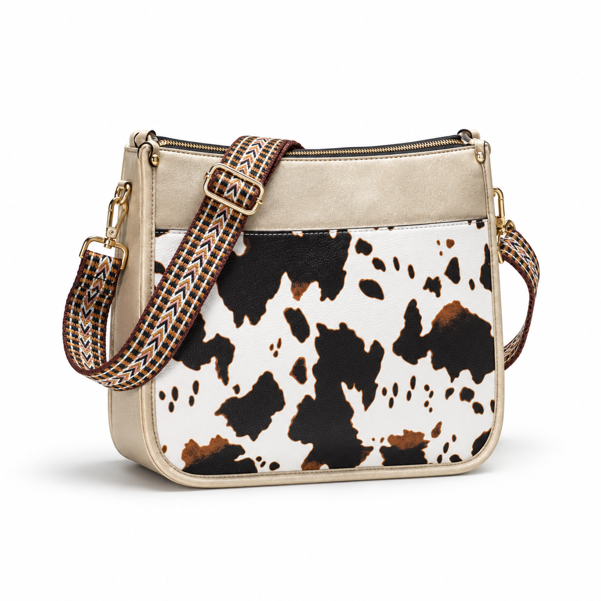 Cow Print Crossbody Bag With Woven-Strap