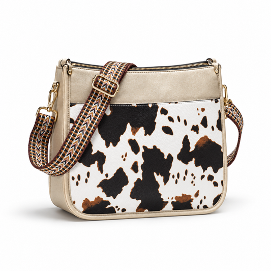 Cow Print Crossbody Bag With Woven-Strap