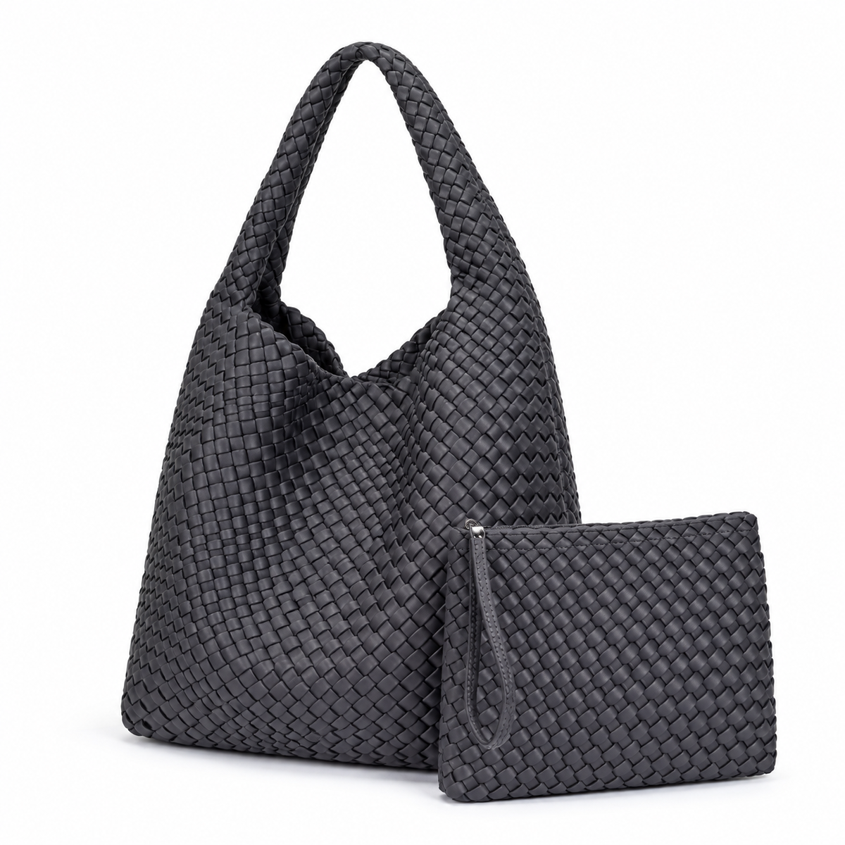 Charcoal Woven Hobo Bag With Pouch