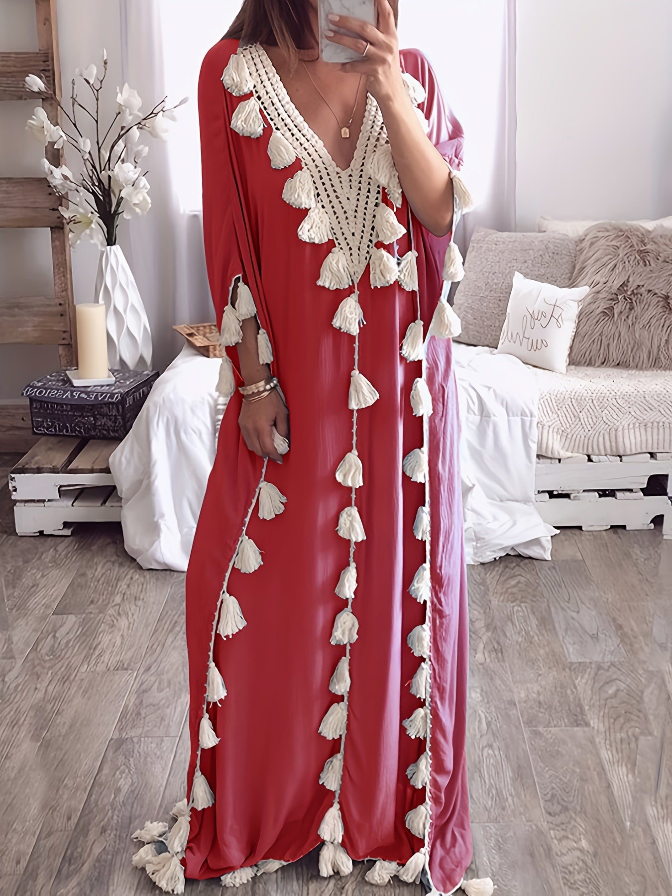Womens Plus-Size Middle Eastern Kaftan Abaya, V-Neck Tassel Patchwork Gown Dress.