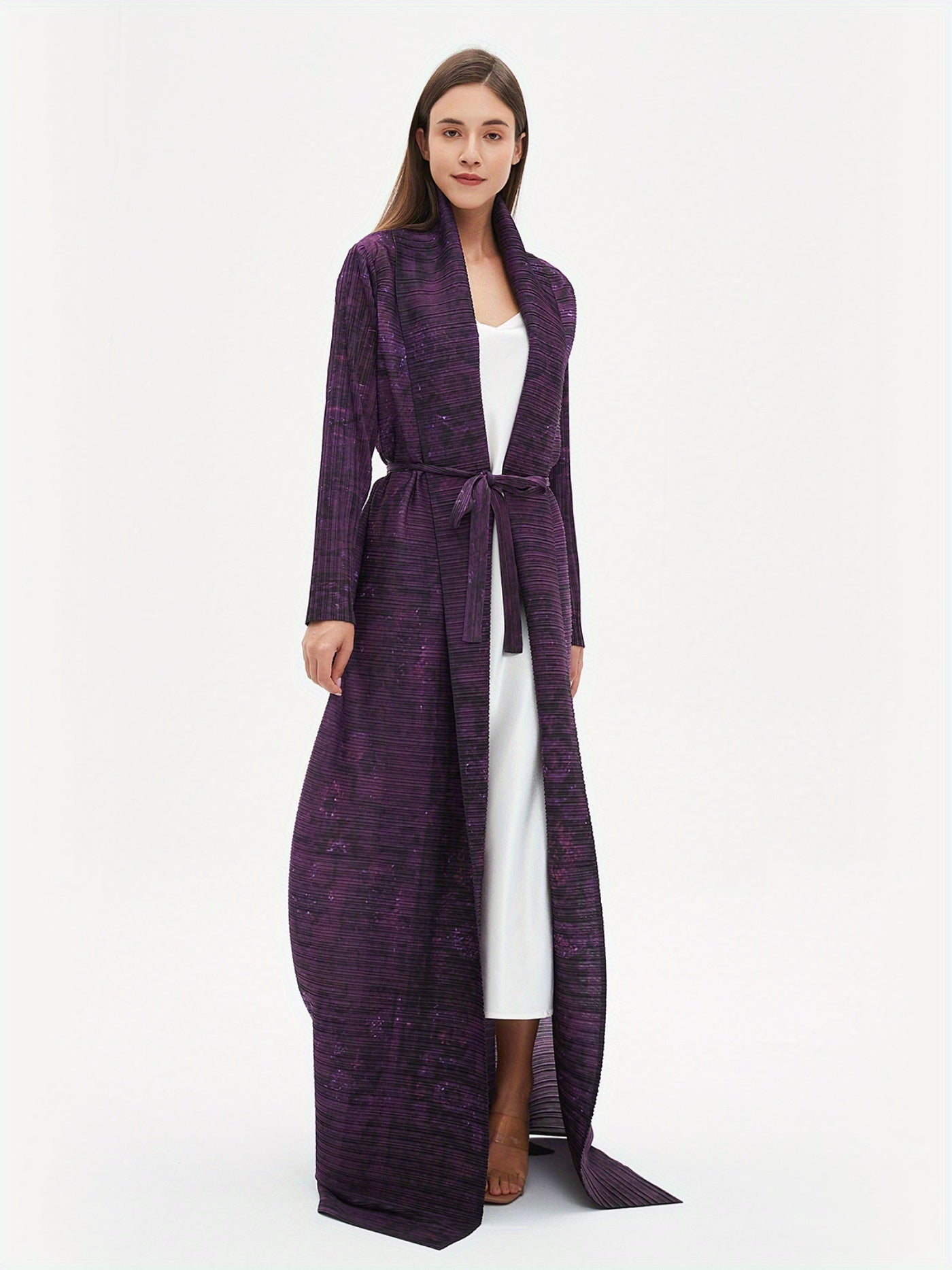 Elegant Long Robe for Eid al-Fitr - Women'S Stylish Geometric Print Maxi Abaya with Tie Waist, Lightweight Polyester, Perfect for Spring, Summer & Fall, Middle Eastern Fashion, Long Sleeve