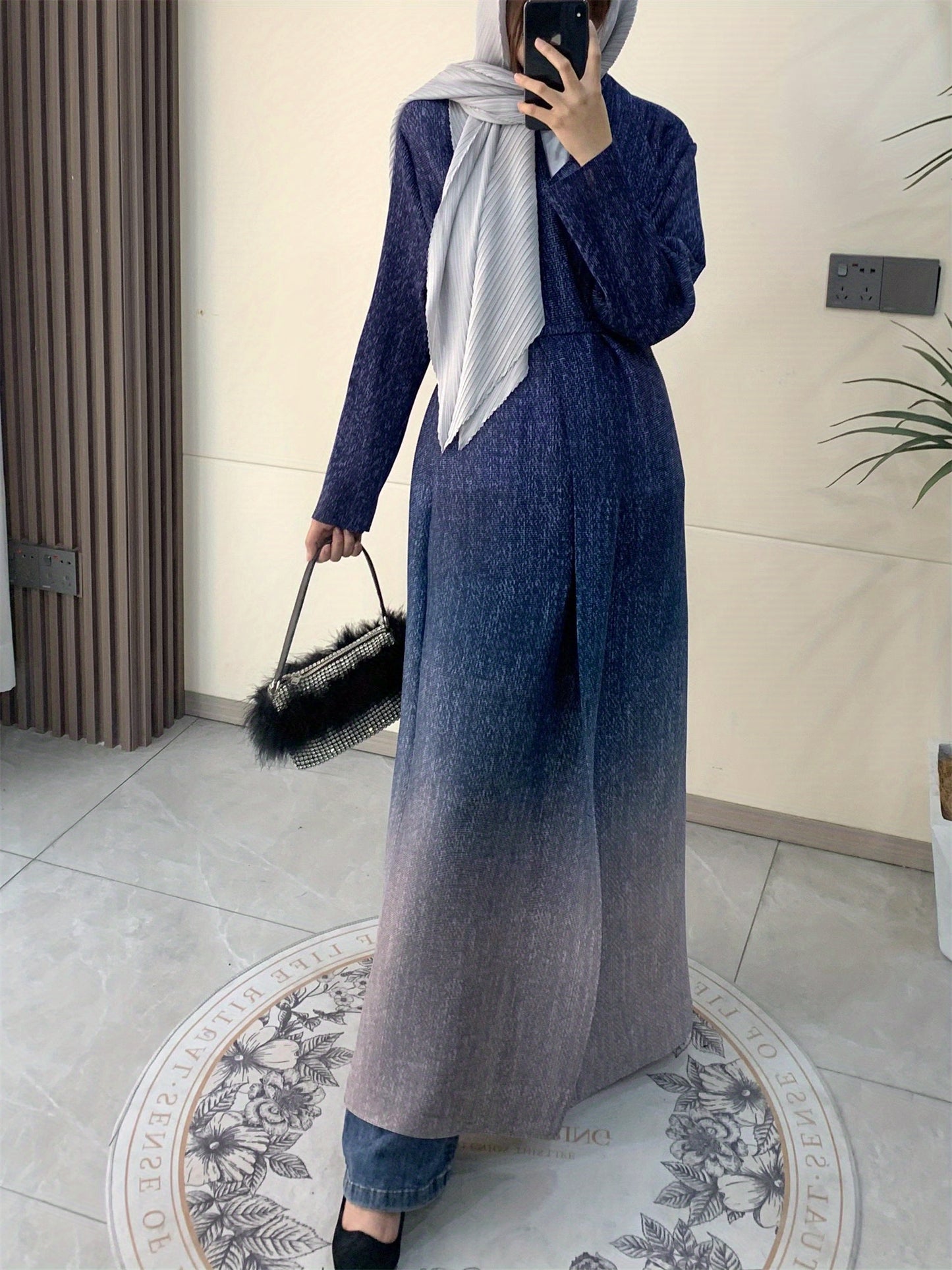 Miyake Women's Arab Noble Style Abaya Robe - High Stretch Pleated Long Sleeve Cloak with Adjustable Waist Belt, Geometric Print Ombre Blue to Grey, Machine Washable Lightweight Luxury for Eid