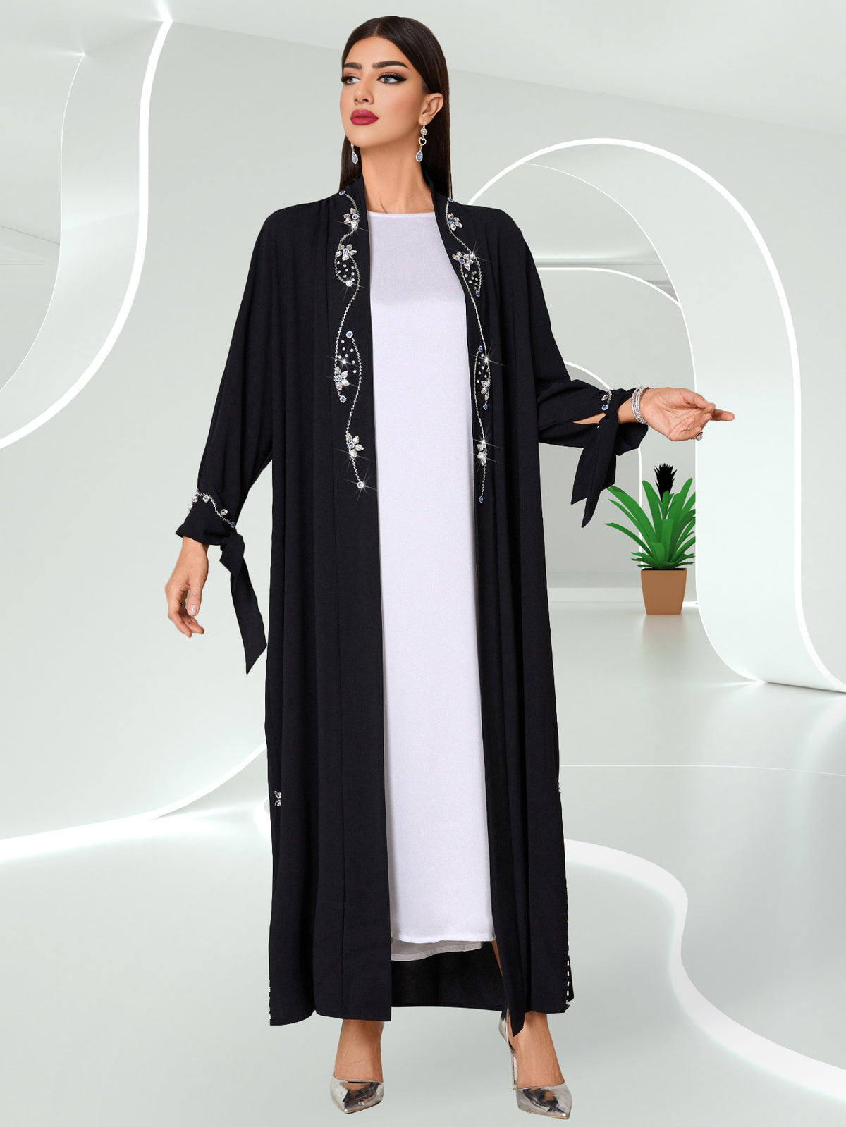 Hand-Sewn Rhinestone-Embellished Oversized Emirati Abaya - Middle Eastern-Inspired Elegance Collection, Solid Color Longline Cover-Up for Casual & Formal Wear, Hand Wash Only, Formal Coverup