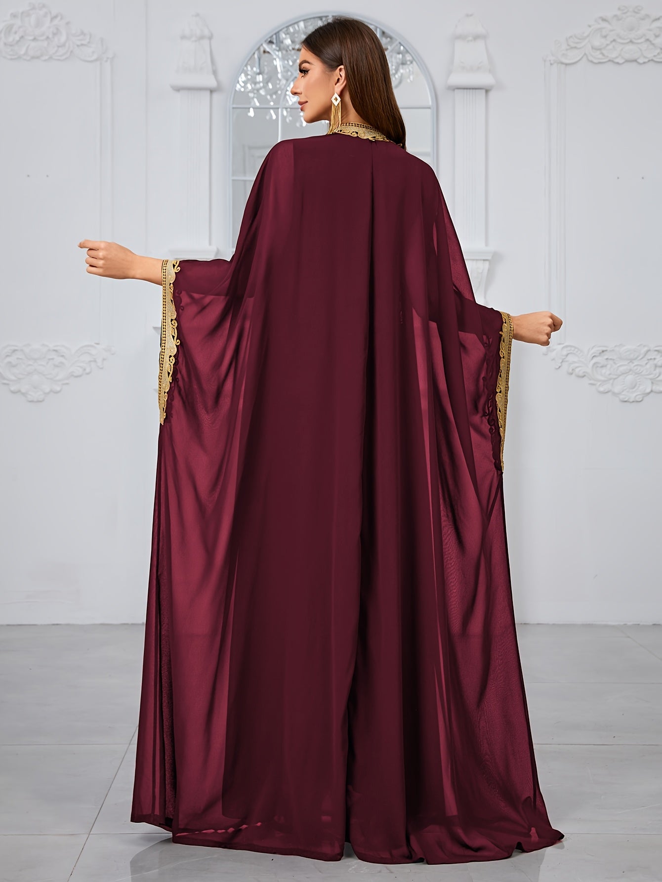 Elegant Women's Embroidered Lace Evening Dress Gown - Maroon & Golden Two-Piece Set with Intricate Lace Detailing, Perfect for Formal Events, Formal Evening Wear|Lace Embroidery|Elegant Gown Abaya