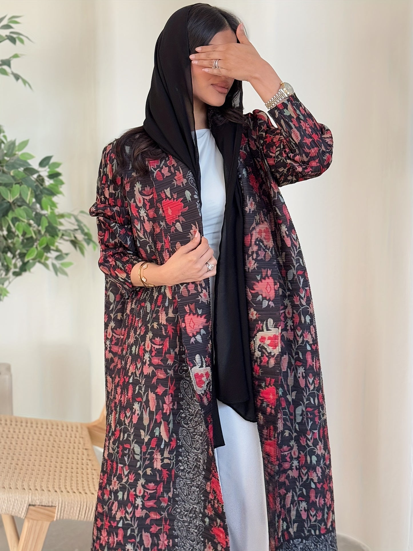 2025 Ramadan New Printed Abaya Long Robe for Women, Featuring Three-Dimensional Pleats, Long Sleeves, And a Minimalist Design. Recommended by Middle Eastern Bloggers for Vacation