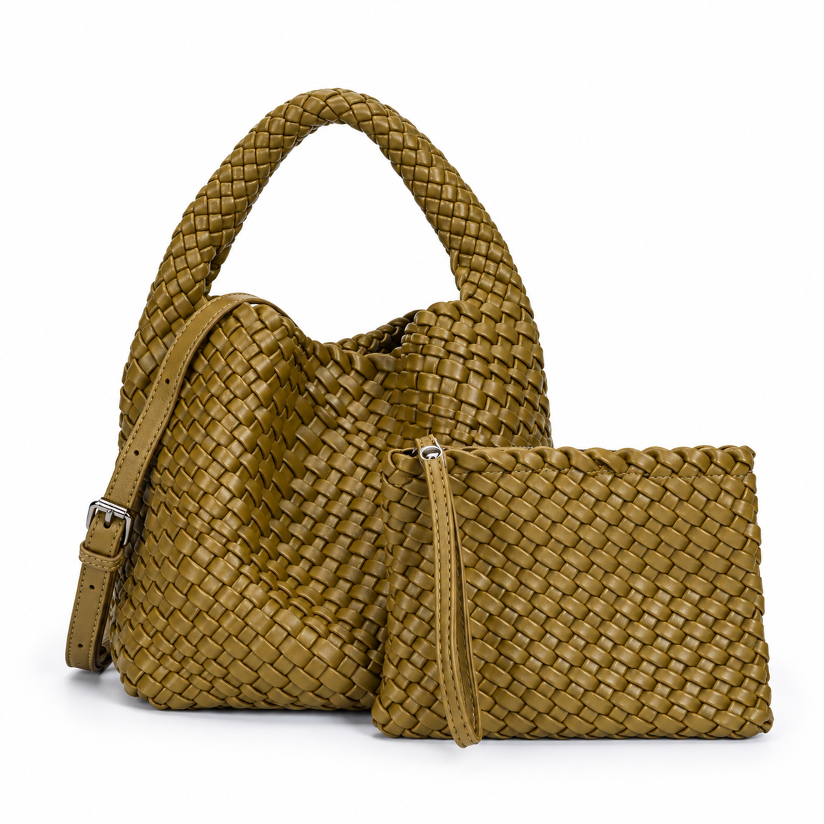 Olive Green Woven Hobo Bag With Pouch