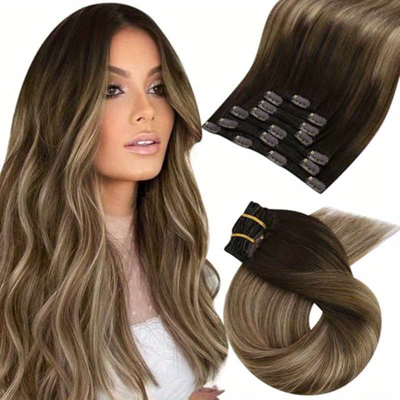 Clip in Hair Extensions - Balayage, Ombre( Dark Brown to Golden Brown with Dark Ash Blonde) 7pcs, 120G, 18inch for Women, Length Extension, Natural Look, Seamless Blend, Smooth Texture, Highquality Hairpiece, Beauty Enhanceme