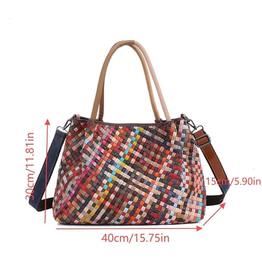 Genuine Leather Woven Women's Bag with Adjustable Crossbody Strap, Colorful Striped Design Options, Perfect for Casual or Formal Occasions