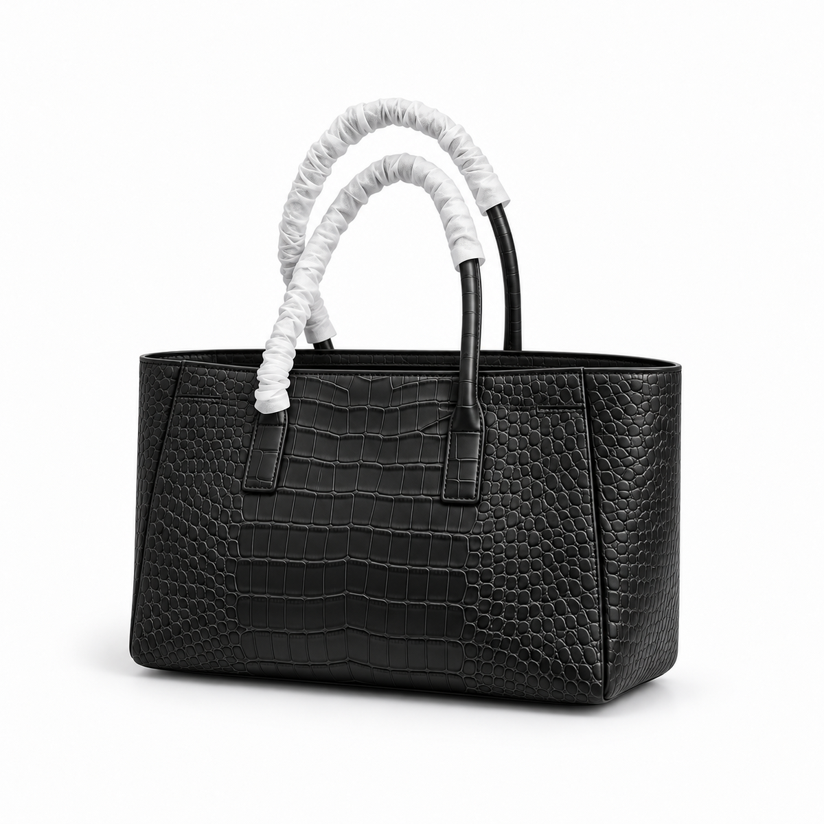 Elegant Black Crocodile Embossed Structured Tote