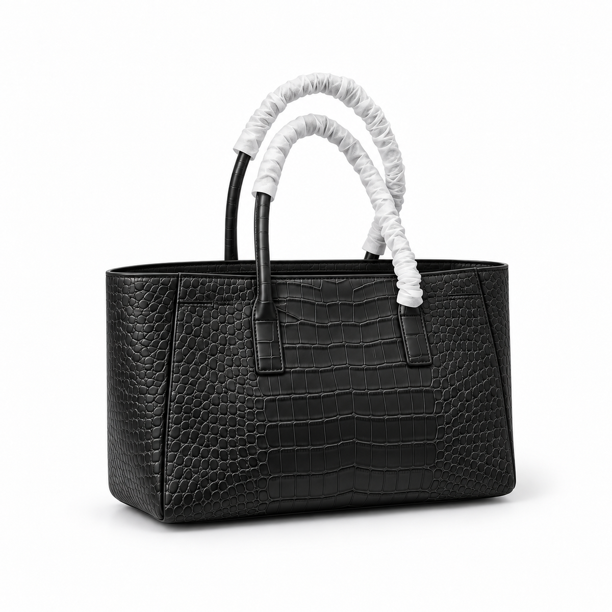 Elegant Black Crocodile Embossed Structured Tote