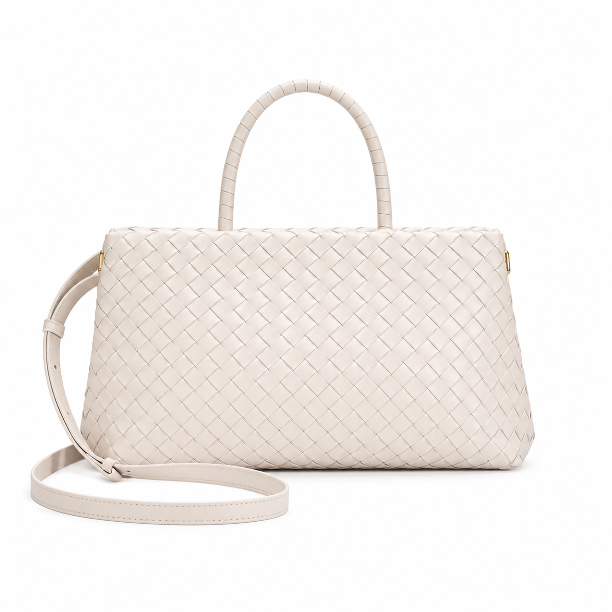 Elegant Ivory Woven Handbag Gold Accents