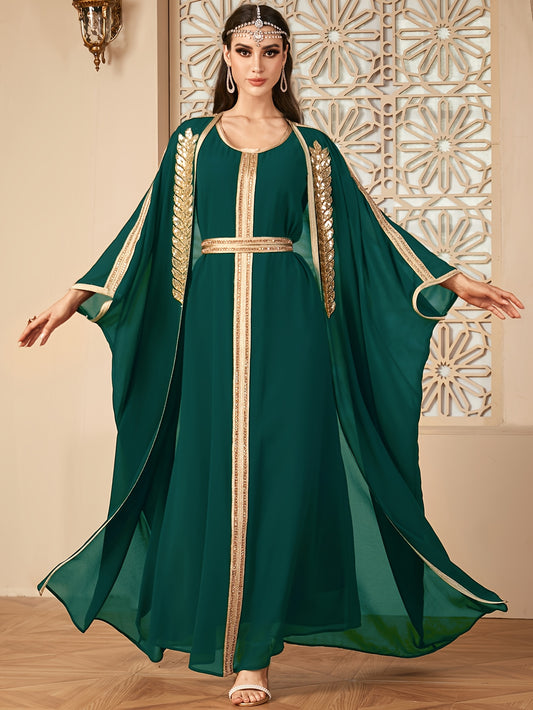 Middle East New Arrival Vest Abaya Dress + Open Cardigan Sequin Paneled Webbing Batwing Sleeve Long Robe Two-Piece Dress Set