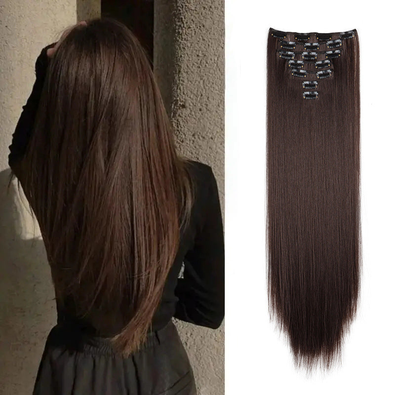 Long Straight Hair Extensions in a Seven-Piece Set, Suitable for Women, Featuring European And American Styles with 16 Clips for a Curtain Effect