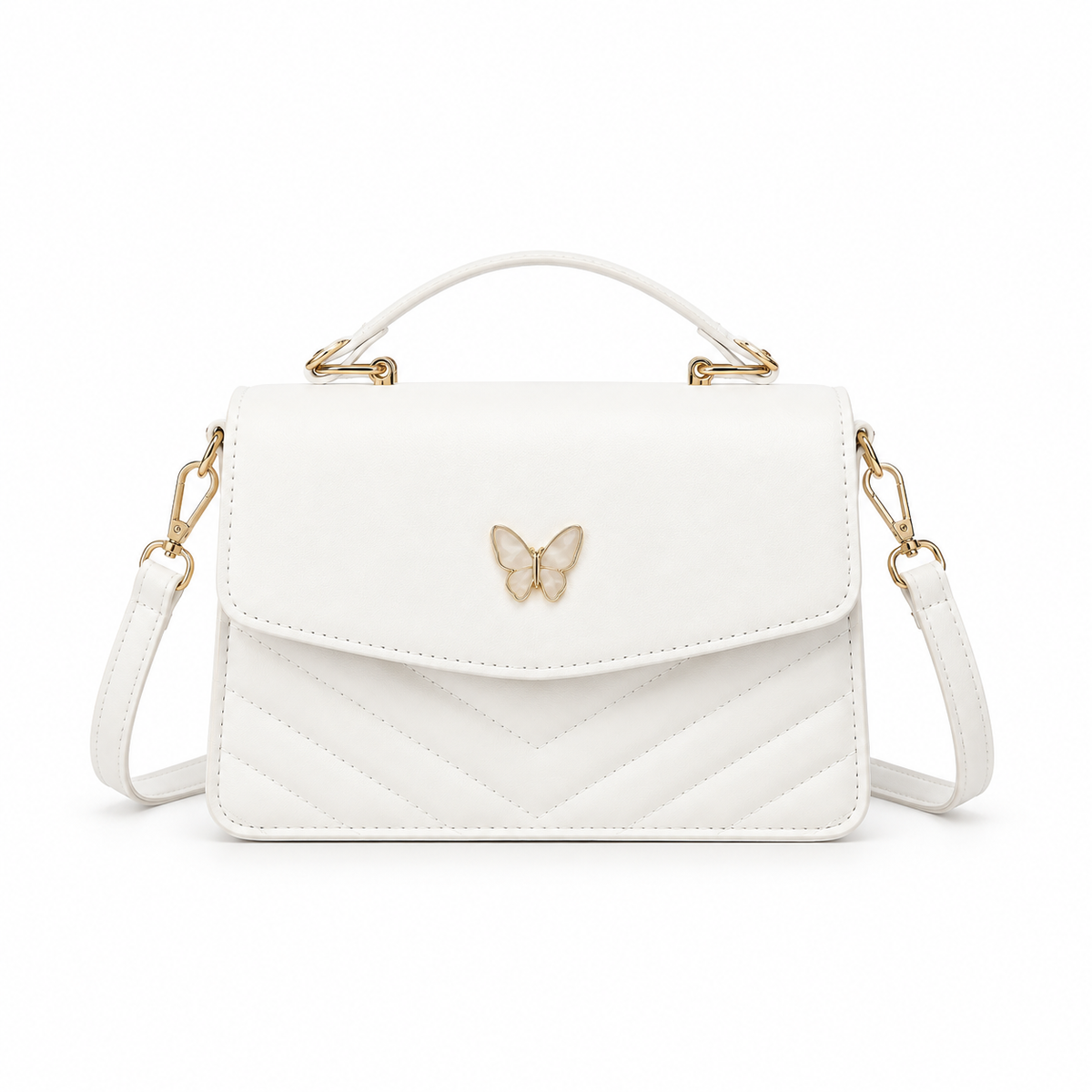 Elegant White Butterfly Quilted Shoulder Handbag