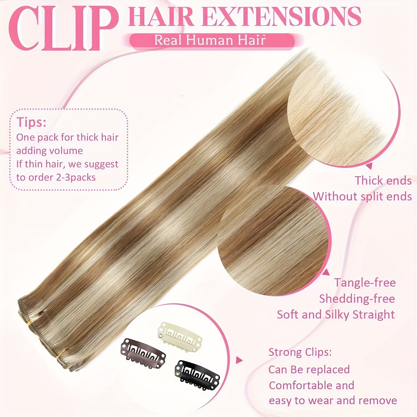 Clip In Hair Extensions Real Human Hair, Seamless Clip InsReal Human Hair for Women, Remy Human Hair Clip InExtensions, Double Weft 8pcs 14-24 Inch Light BlondeHighlighted Golden Blonde