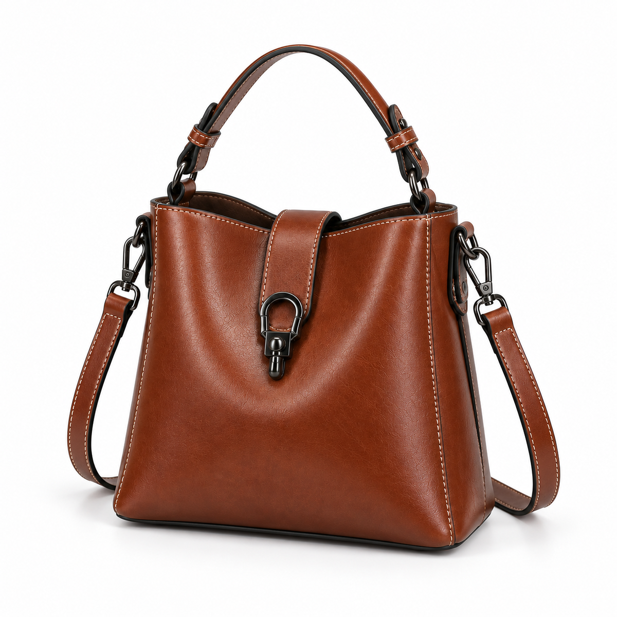 Coffee Brown Structured Leather Shoulder Handbag