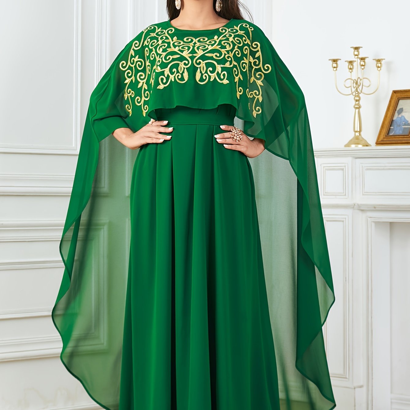 Stylish Long Cape with Lace Edge and Embroidery, Two-piece Set, Robe with Waistband and Body-hugging Abaya Dress