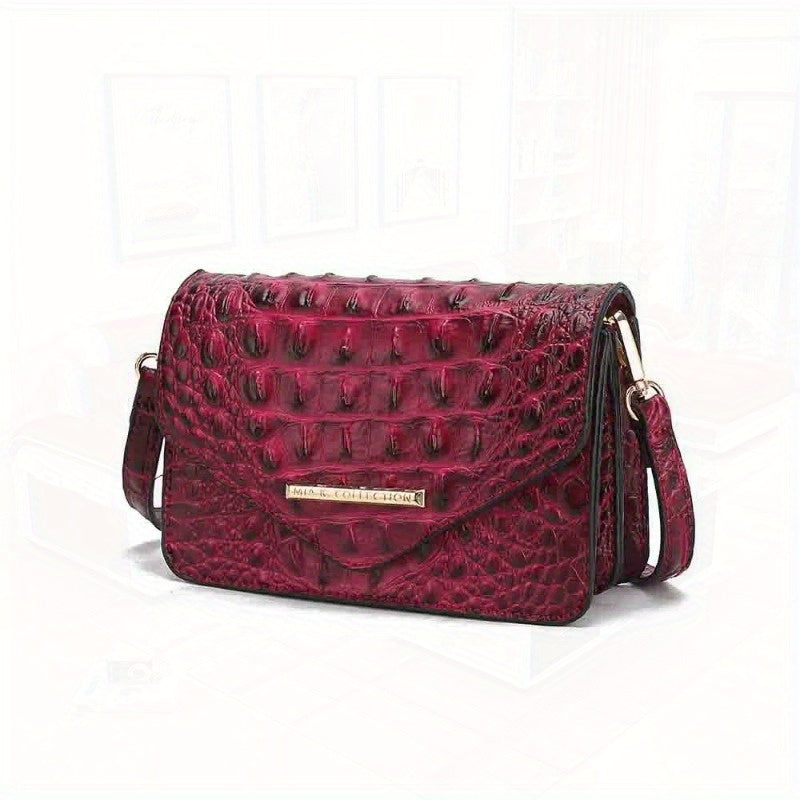 Saddle Croc-Embossed Leather Crossbody Shoulder Bag - Top-Grain Genuine Leather, Detachable Strap, Zipper Closure