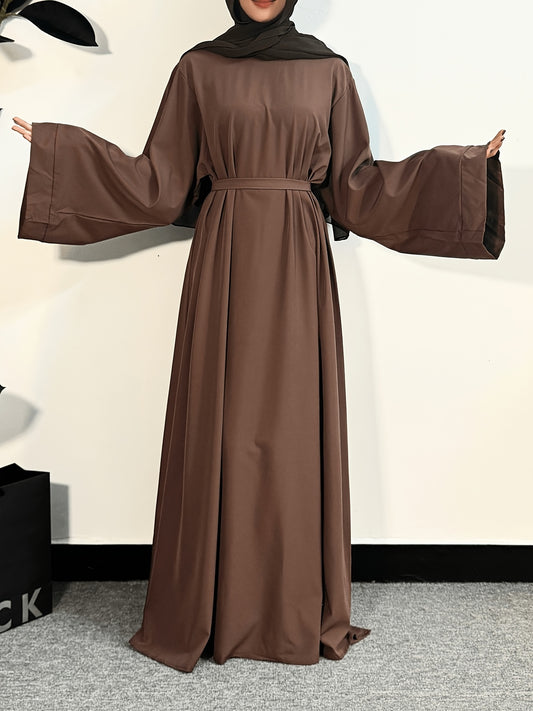 Women's Long Polyester Palestinian Abaya Kaftan with Belt - 100% Polyester, Solid Color, Regular Long Sleeve, Loose Fit, H-Contour, Woven, Non-Stretch, All Seasons, Full-Length Islamic Prayer Dress