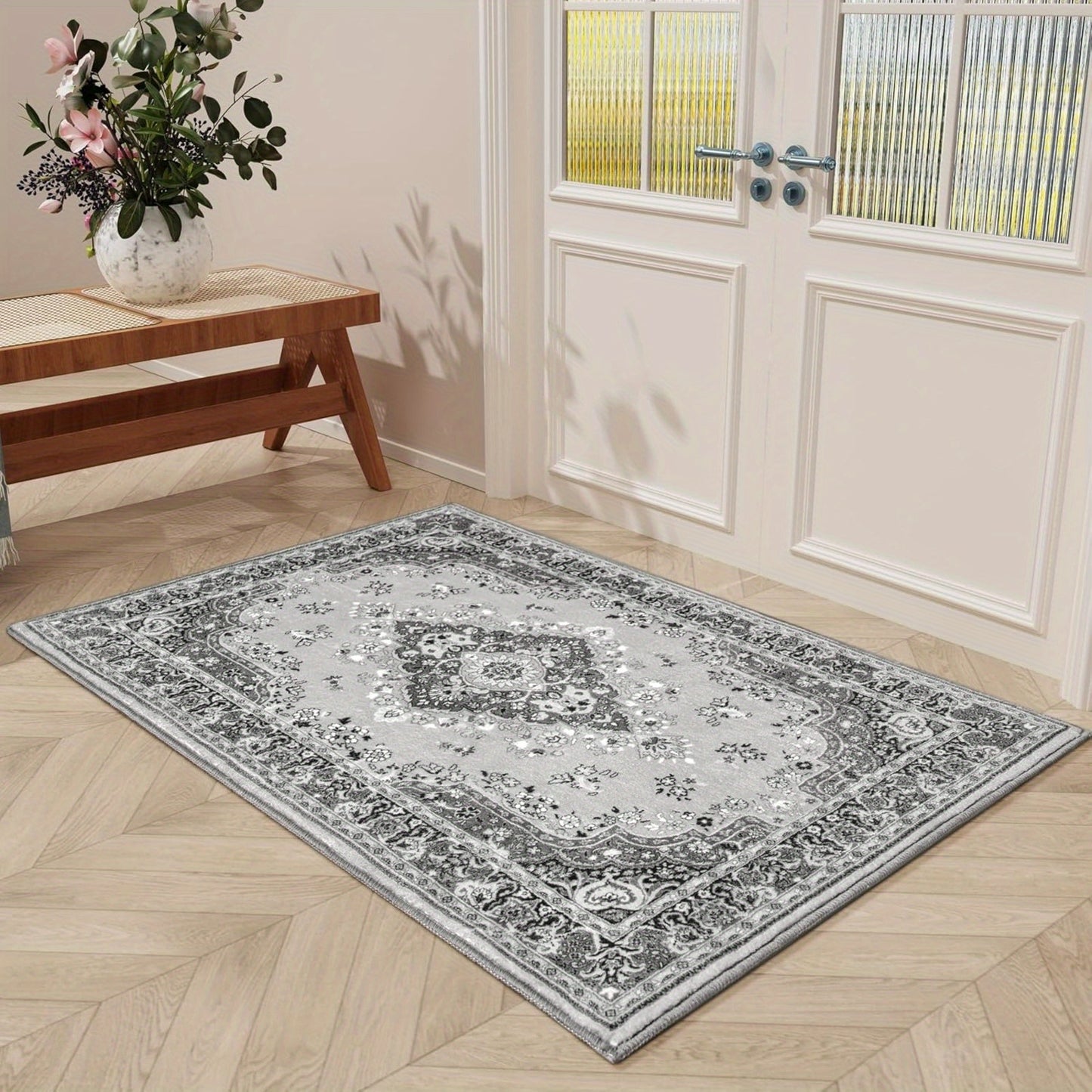 [Vintage Rug] 5x8 Vintage Rug | Black Floral Faux Wool Non Slip Washable Low Pile Indoor Doormat for Bedroom, Entryway, Kitchen, Bedside