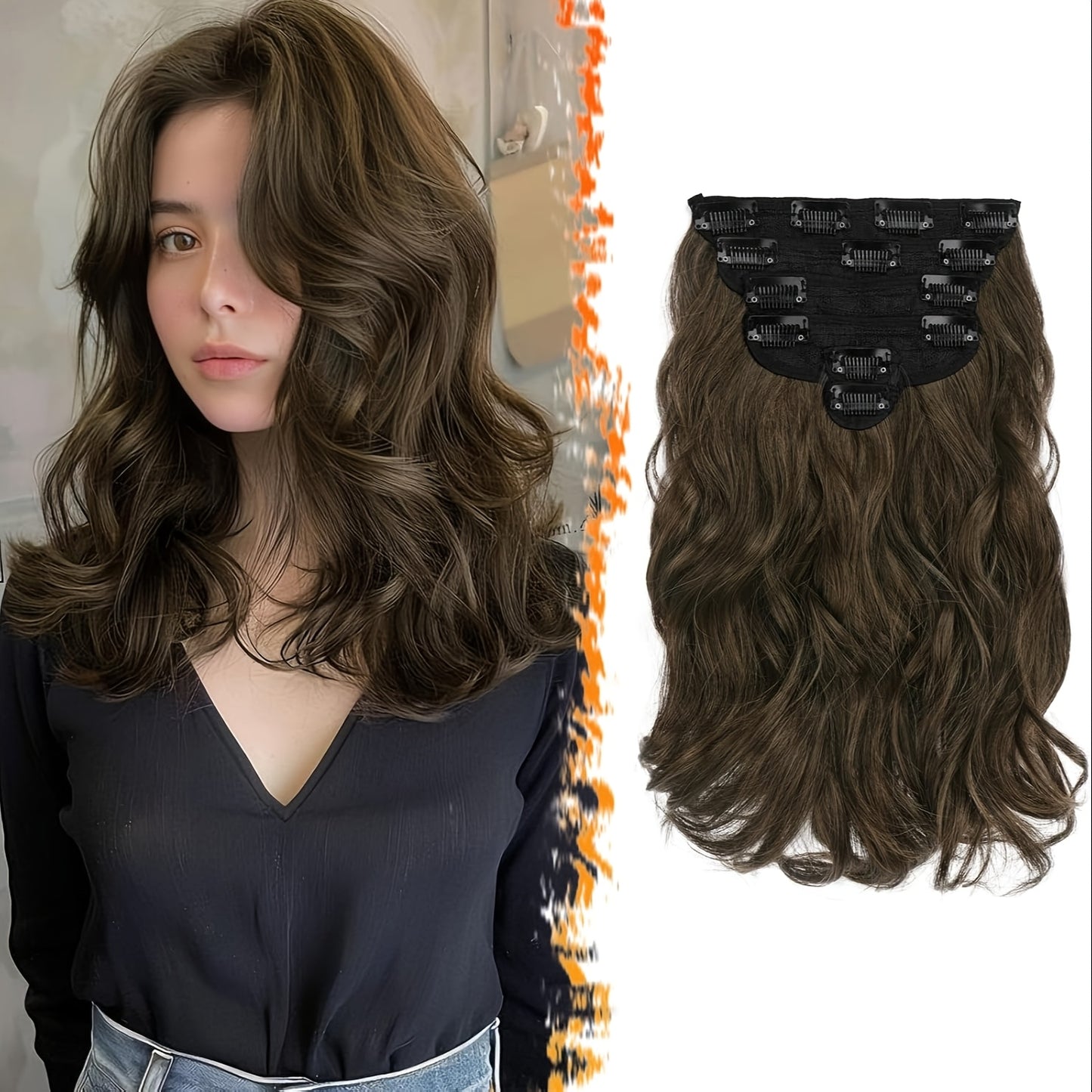 FESHFEN 6pcs Clip-In Hair Extensions, 12 Inch/30cm, Short Wavy Clip-In Extensions, Suitable for Women Halloween/Cosplay/Daily Wearing, Full Head, Thick Synthetic Clip Hair Extension - Brown