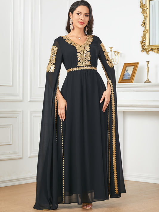 Elegant Black Sequin Embroidered A-Line Maxi Abaya Dress with Golden-Tone Embroidery, Slit Sleeves & Adjustable Waist Belt - Middle Eastern-Inspired Formal Party Wedding Guest Dress, Cultural Attire, Nontransparent Fabric