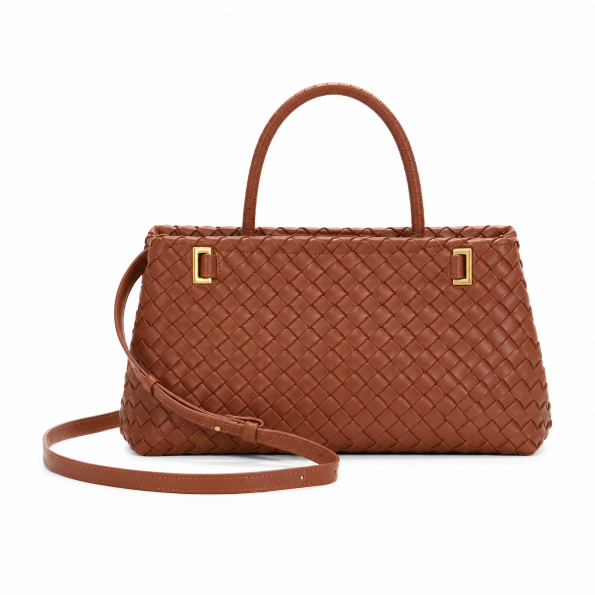 Brown Woven Handbag With Gold Hardware