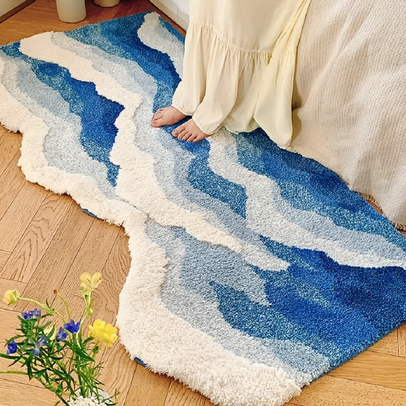 Ultra-Soft Blue Ocean Wave Tufted Rug - Thick, Non-Slip TPR Backing, Absorbent for Bathroom & Living Room Decor
