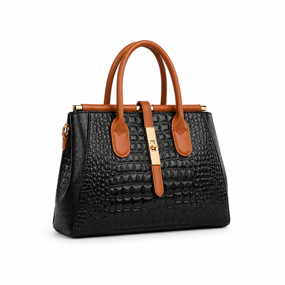 Black Crocodile Textured Structured Tote Handbag